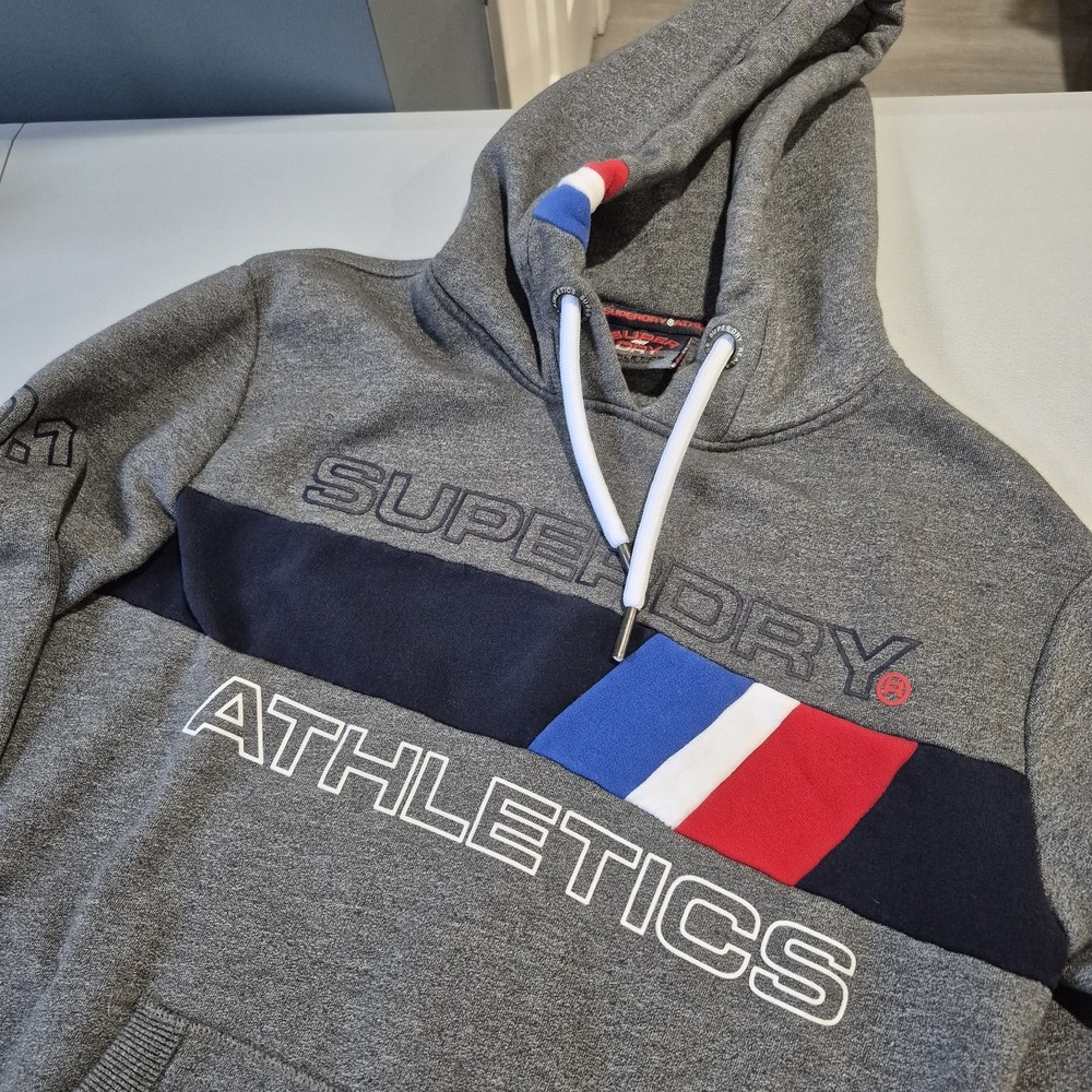 Superdry Hoodie Mens Small Gray Athletics Sport Y2K Style Preppy Sweatshirt
